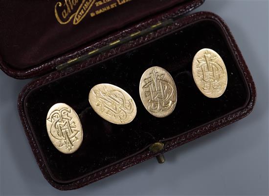 A pair of late Victorian 15ct gold oval cufflinks, by Saunders & Shepherd, engraved with monogram.